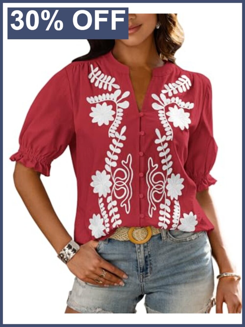 Women's Embroidered Boho Button Down Blouse Puff Sleeve Cotton Top